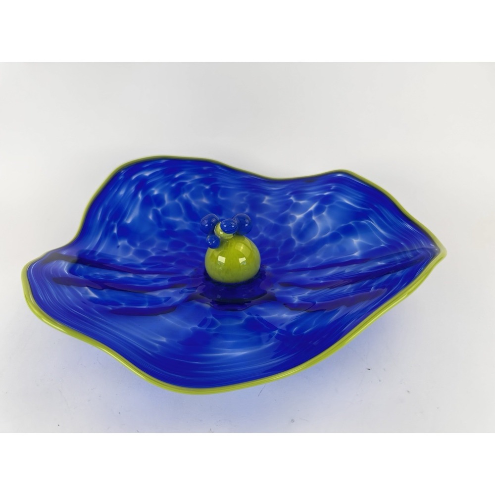 Hand Blown Art Glass Bowl Blue w Green Rim Prunt Center 12" Modern